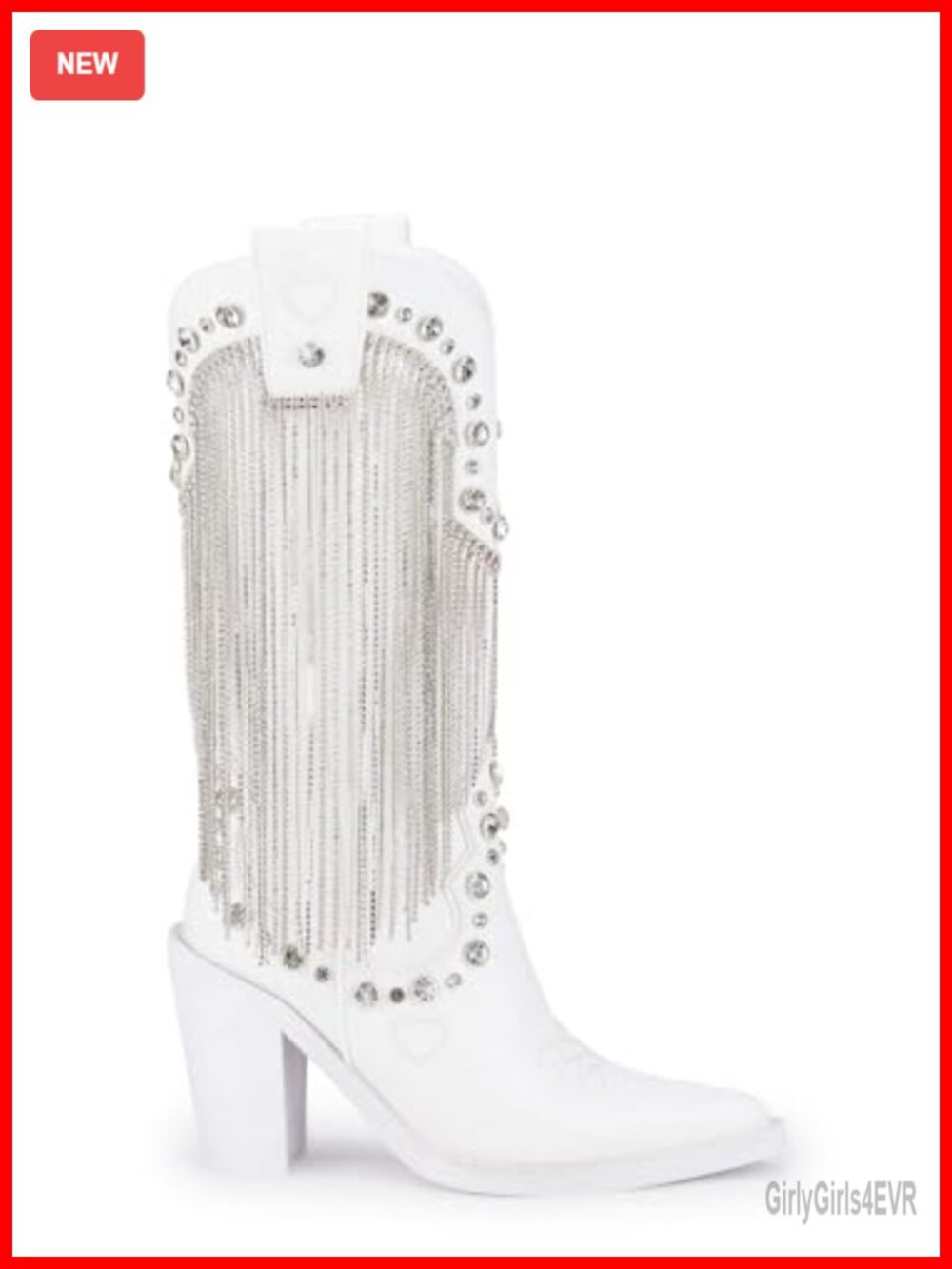 Vegan Leather Cowboy Boots with Rhinestone Fringe & Jewel Studs